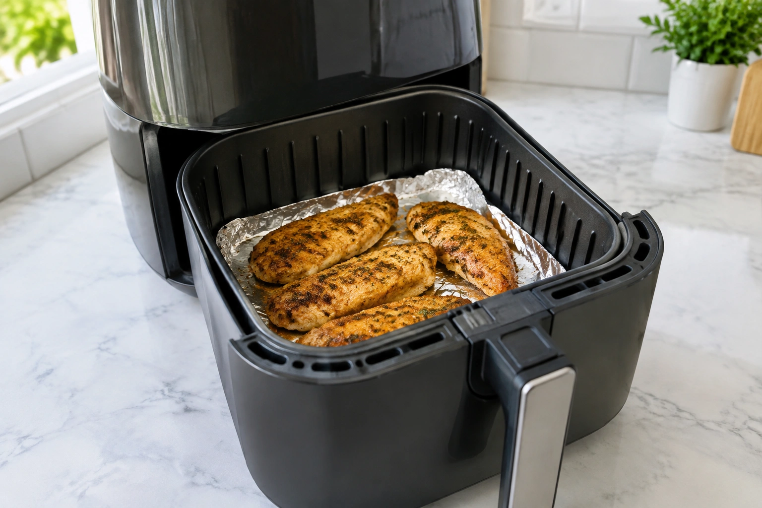 Basket-style air fryer with a small foil-lined section under food