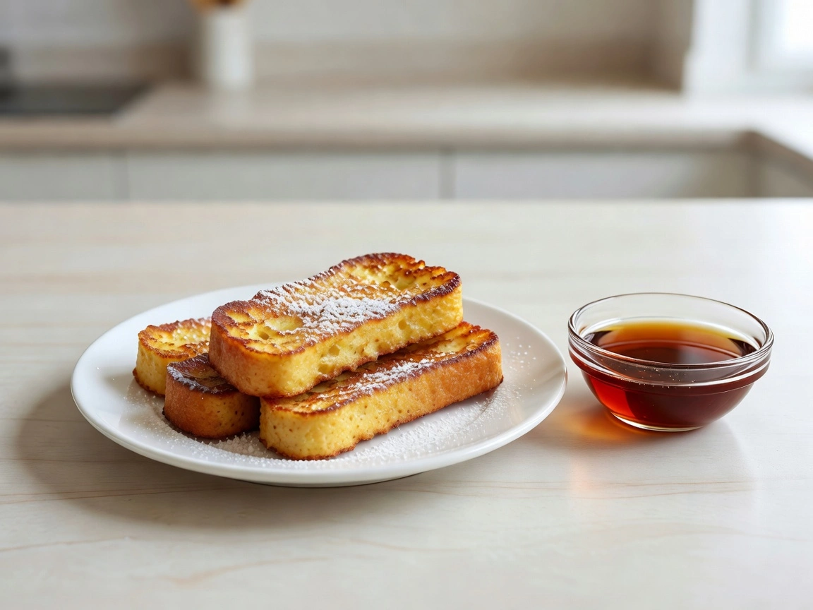 Air fryer French toast sticks on a plate with syrup and powdered sugar