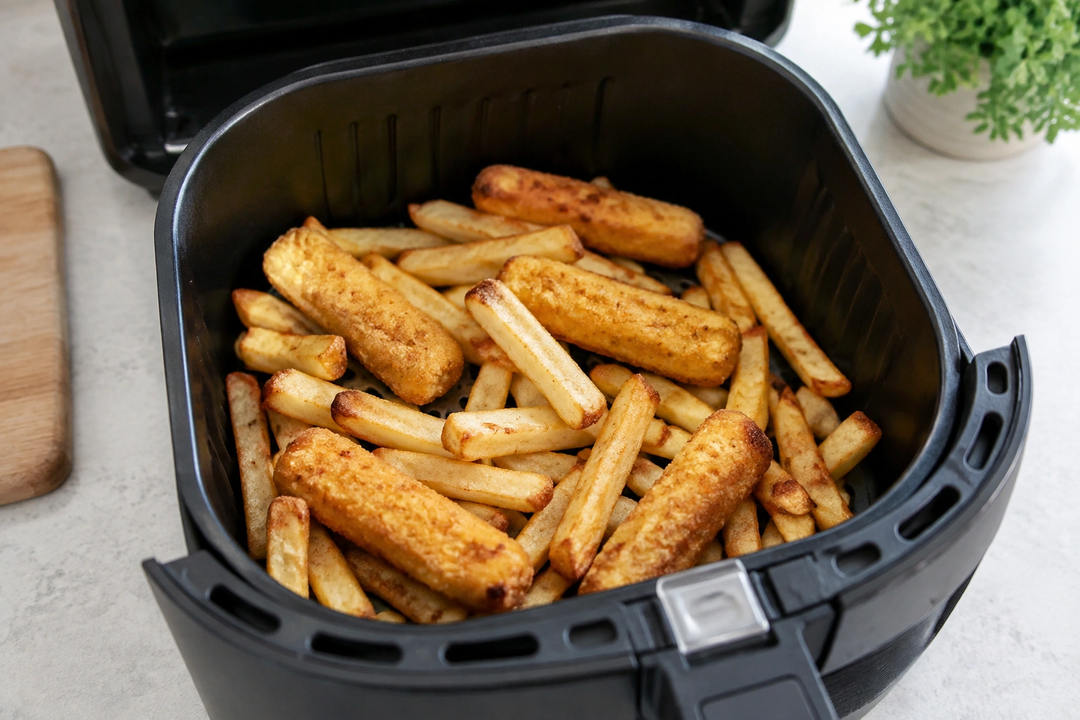 Air fryer basket with frozen foods cooking evenly