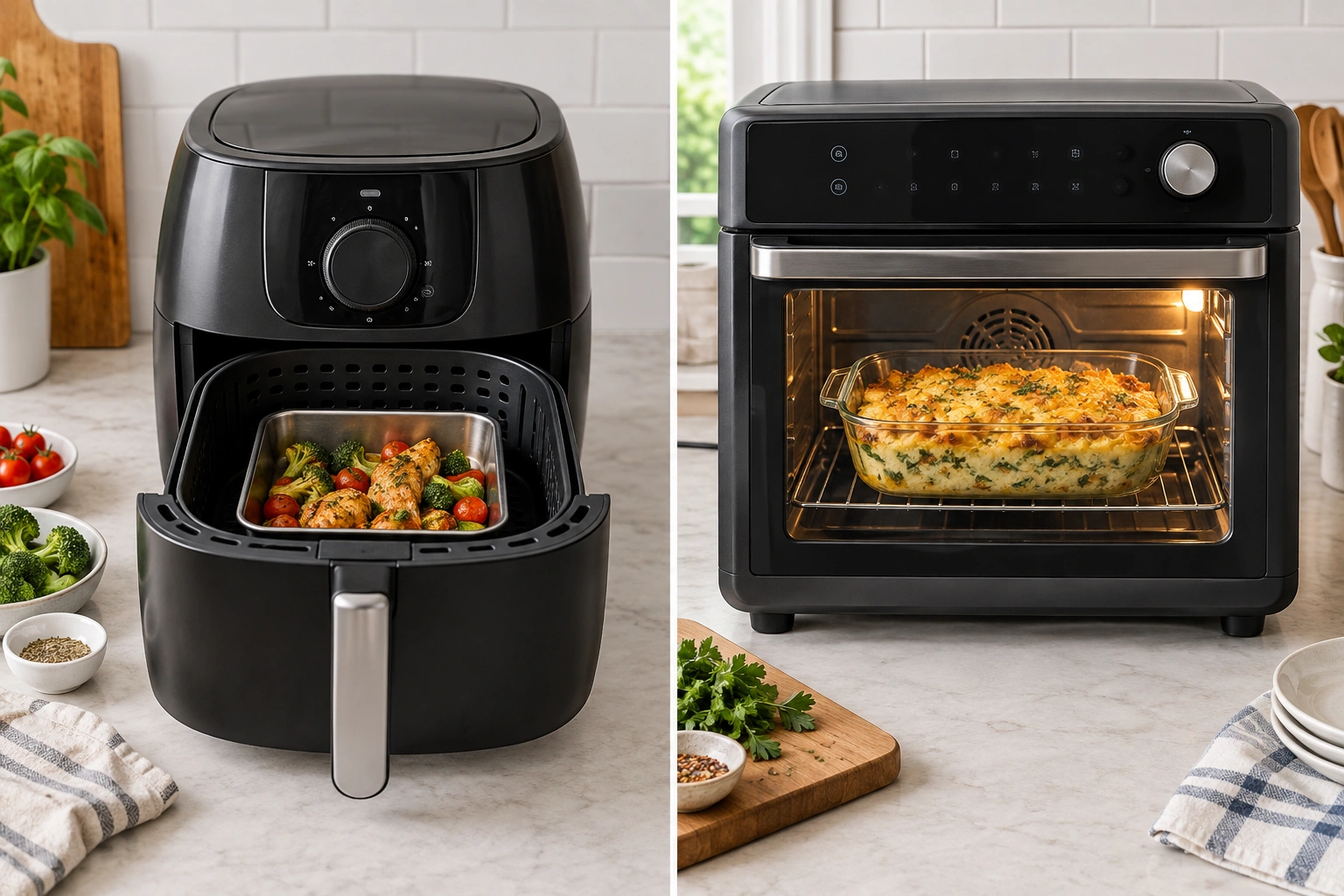 Comparison of basket air fryer and air fryer oven with different cookware options