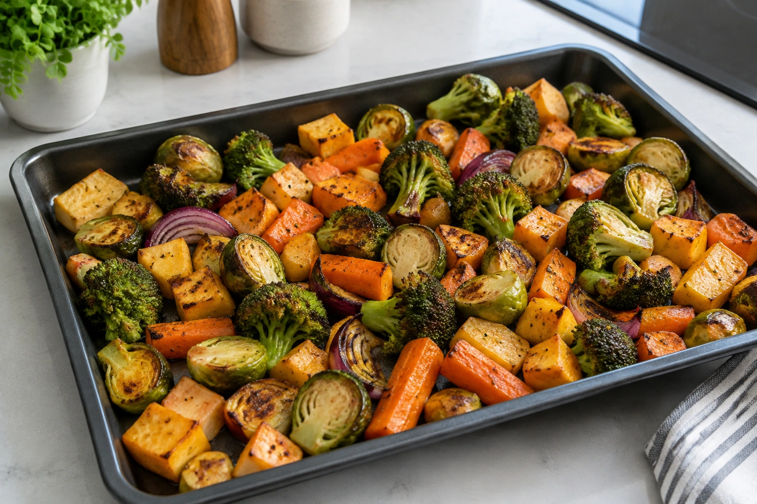 Golden air fryer vegetables on a tray