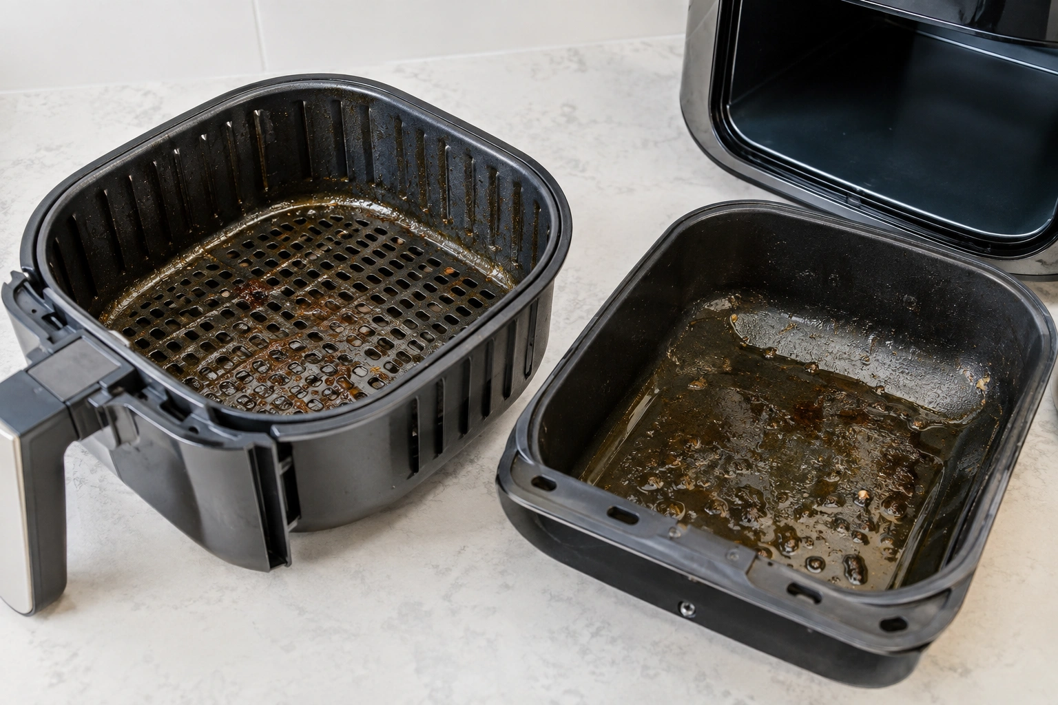 Air fryer basket and drawer with grease buildup