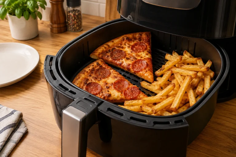 Air fryer basket reheating leftovers with hot air circulation