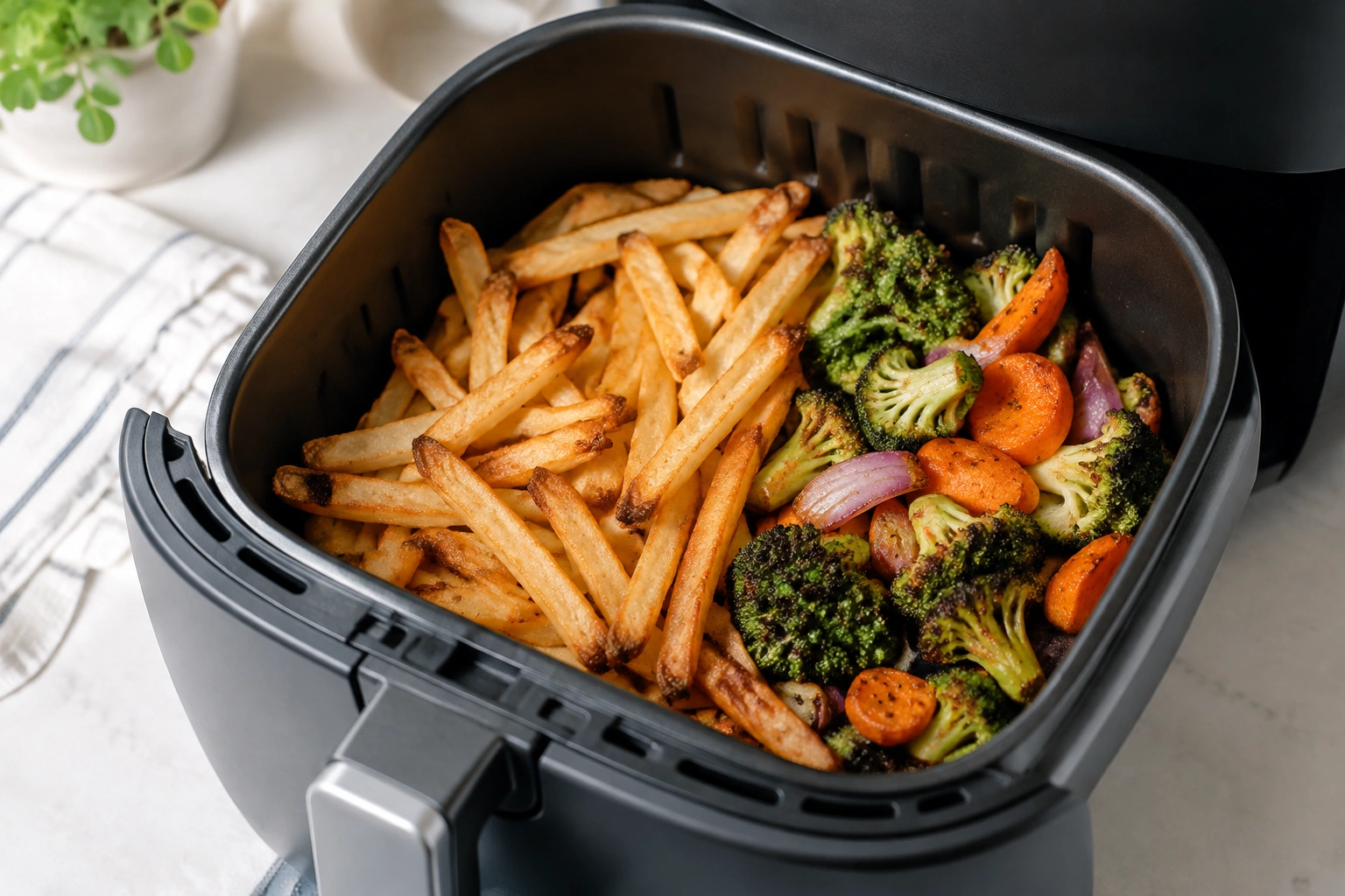 Air fryer basket with lightly browned food