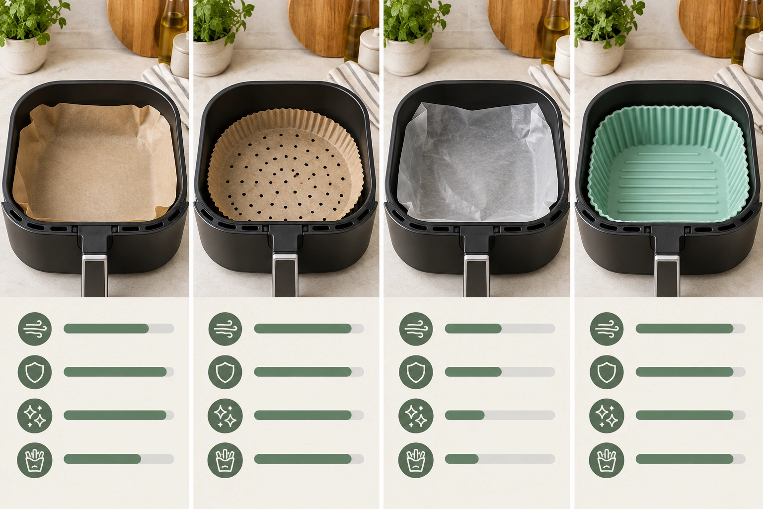 Comparison of parchment paper, perforated liner, wax paper, and silicone liner for air fryer use
