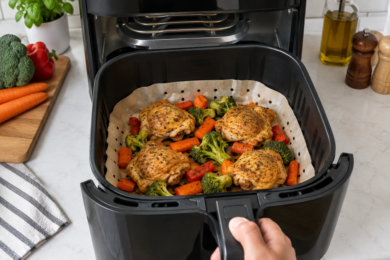 Air fryer liner placed correctly under food in the basket