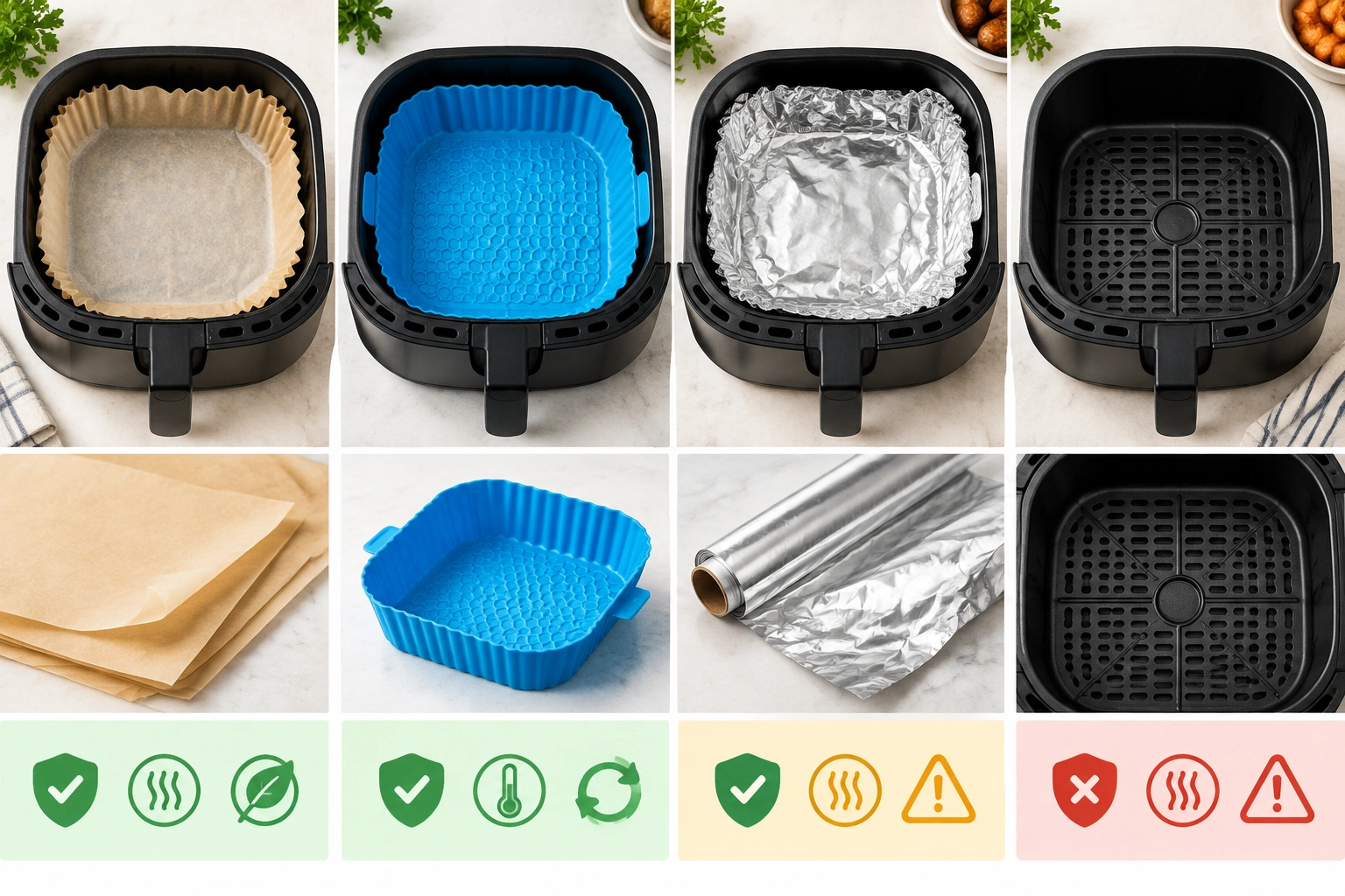 Comparison of parchment, silicone, and foil air fryer liners