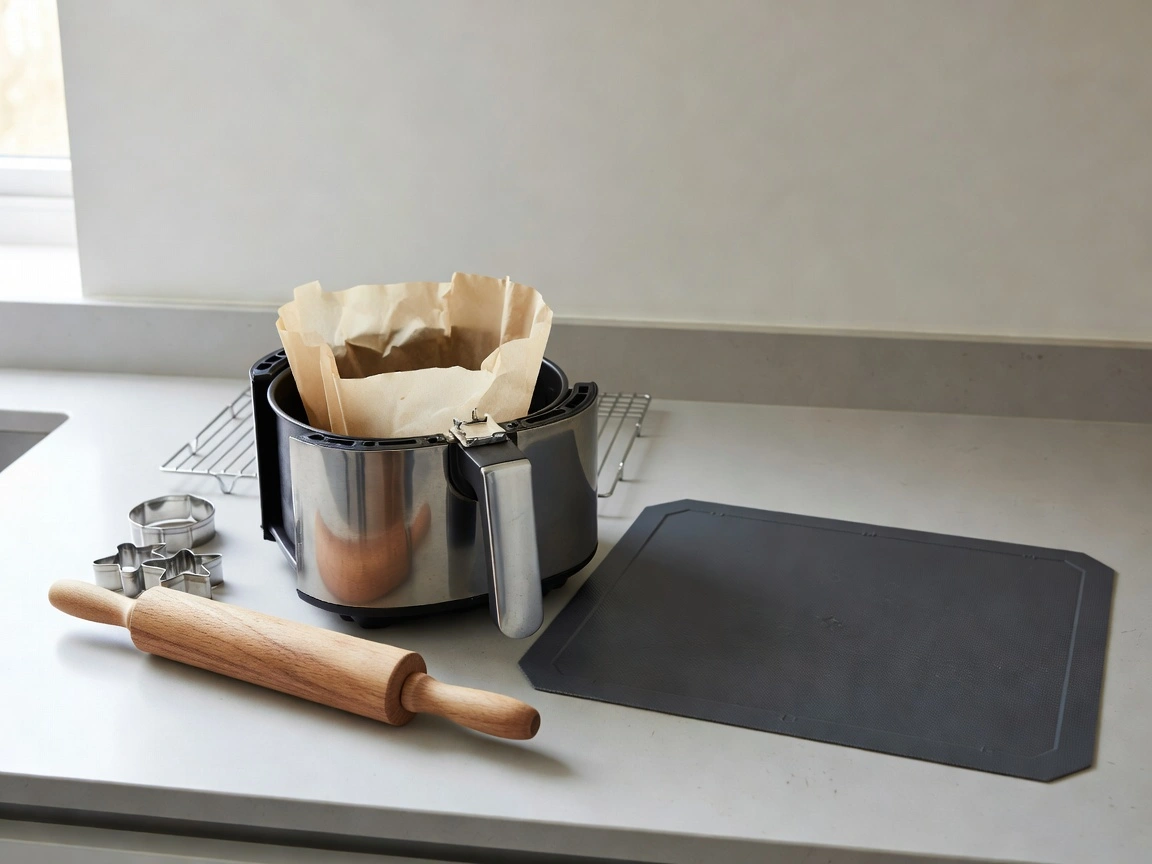 Parchment paper liner and silicone baking mat beside air fryer basket