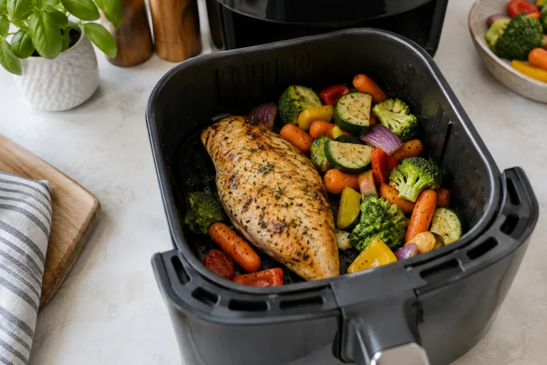 Air fryer meal with chicken and vegetables for low calories