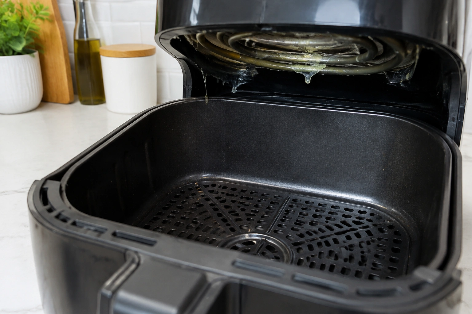 Air fryer basket with melted plastic residue near the top heating area