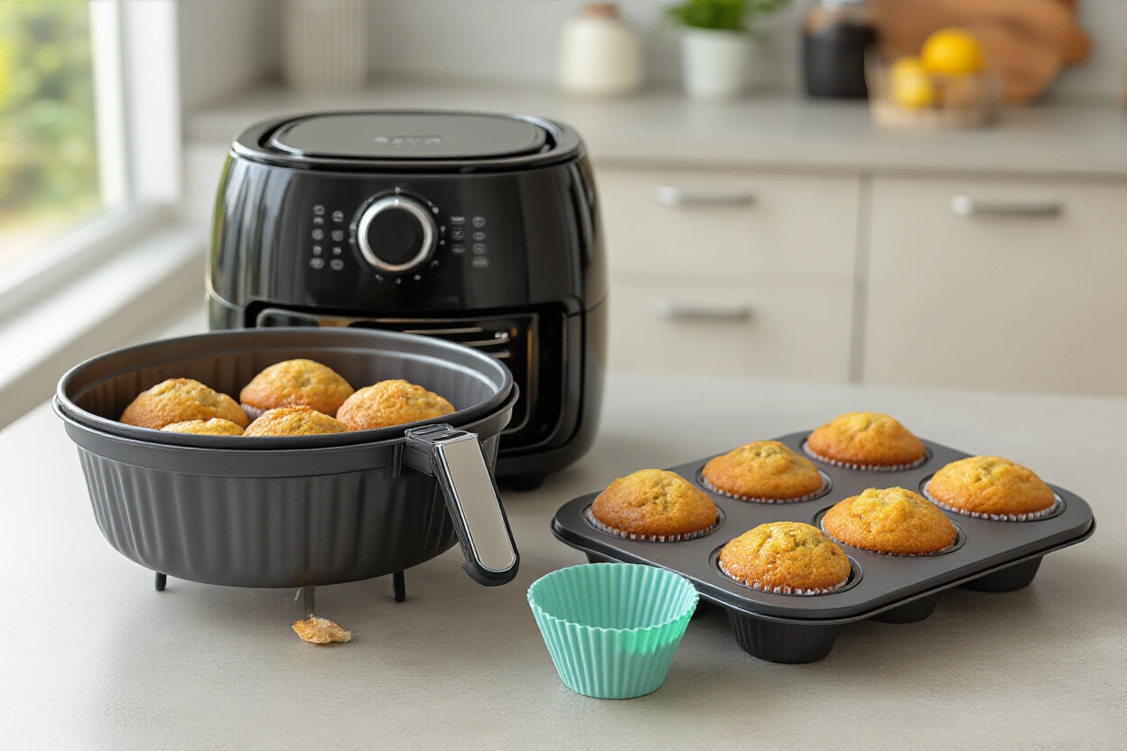Muffin pan and silicone cups arranged for air fryer baking