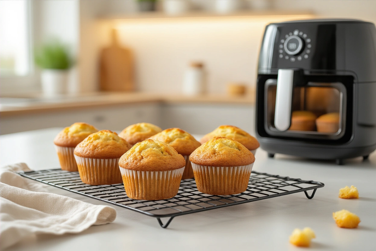 Freshly baked muffins cooling on a rack after air fryer baking