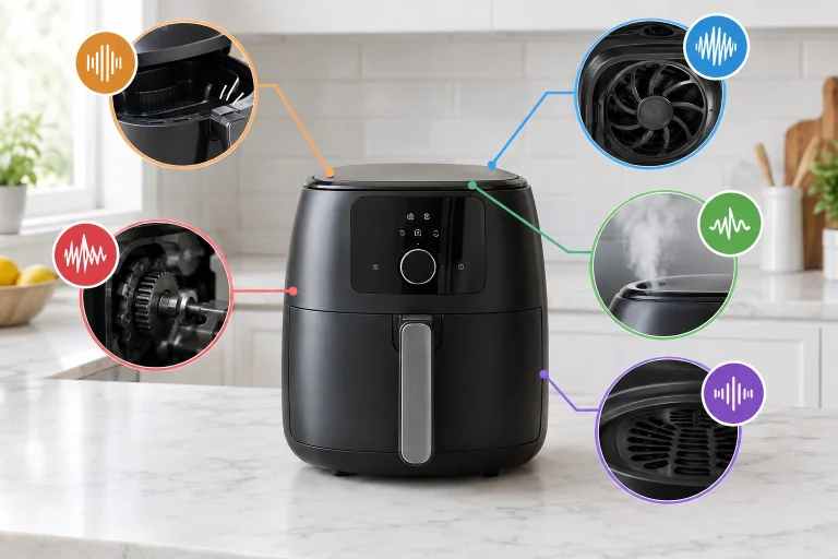Air fryer noise troubleshooting chart for rattling buzzing grinding and whistling