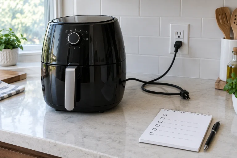 Air fryer troubleshooting checklist beside a countertop air fryer