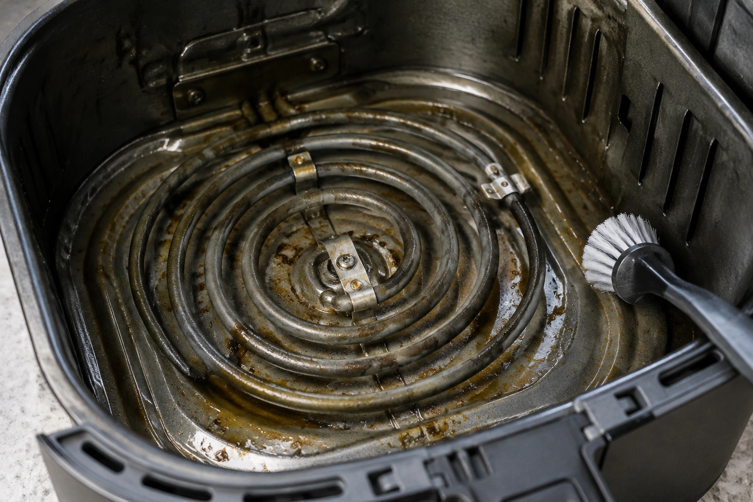 Close-up of air fryer heating element area with grease buildup and cleaning brush