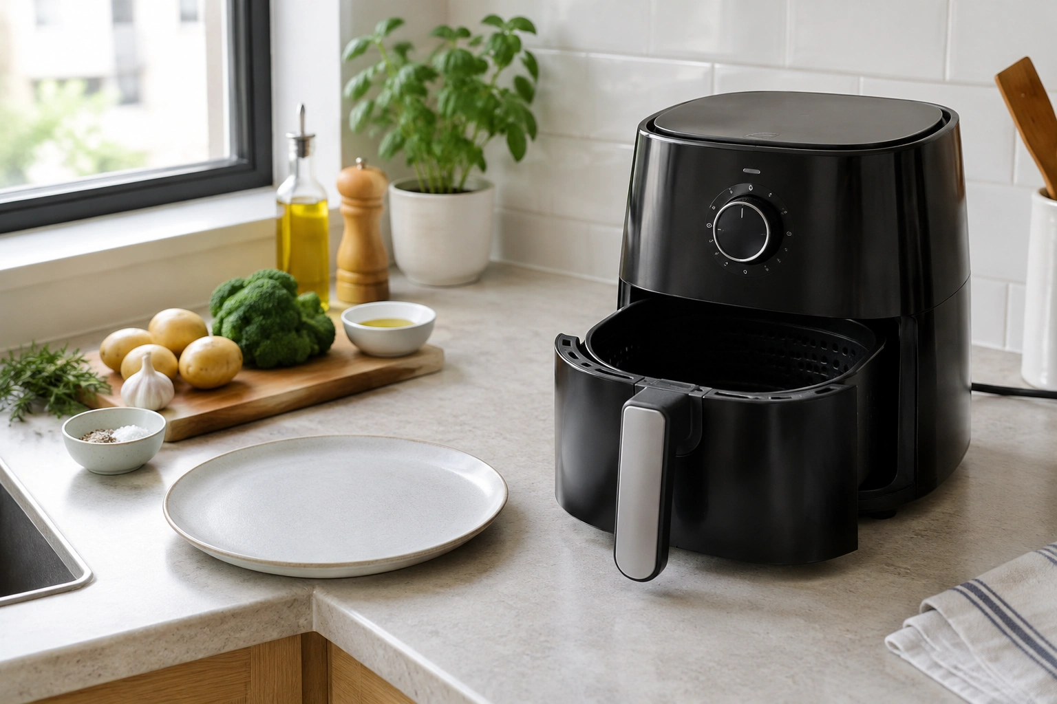 Compact air fryer on a small kitchen counter for one person