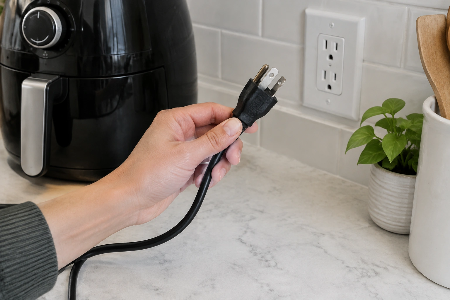 Person checking air fryer plug and wall outlet for power issues