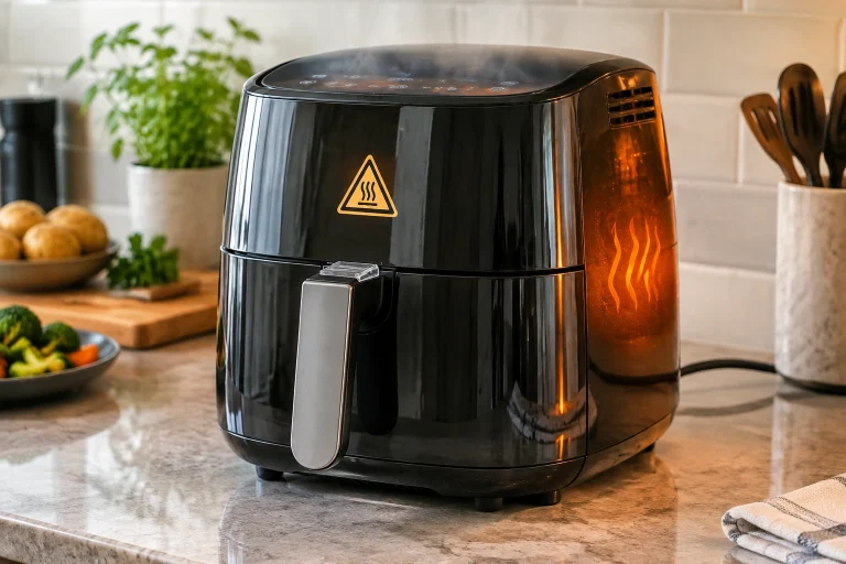 air fryer on countertop with warning signs of overheating