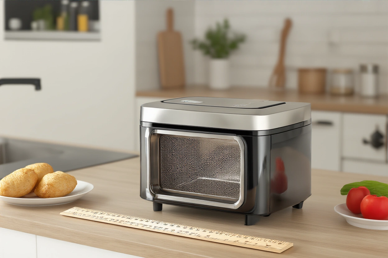 Hands measuring the interior width of an air fryer basket with a ruler
