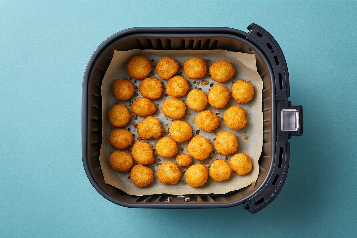 Air fryer basket with parchment paper covered by chicken tenders