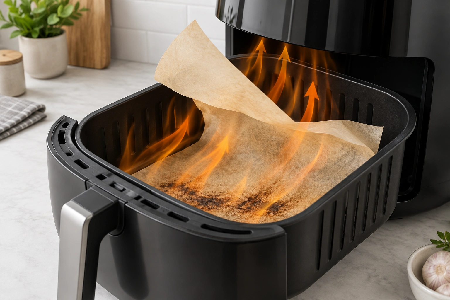 Air fryer basket with parchment paper lifting toward the heating element