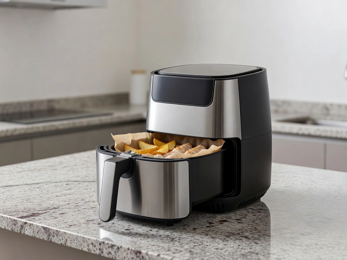 Air fryer basket lined with parchment paper and food