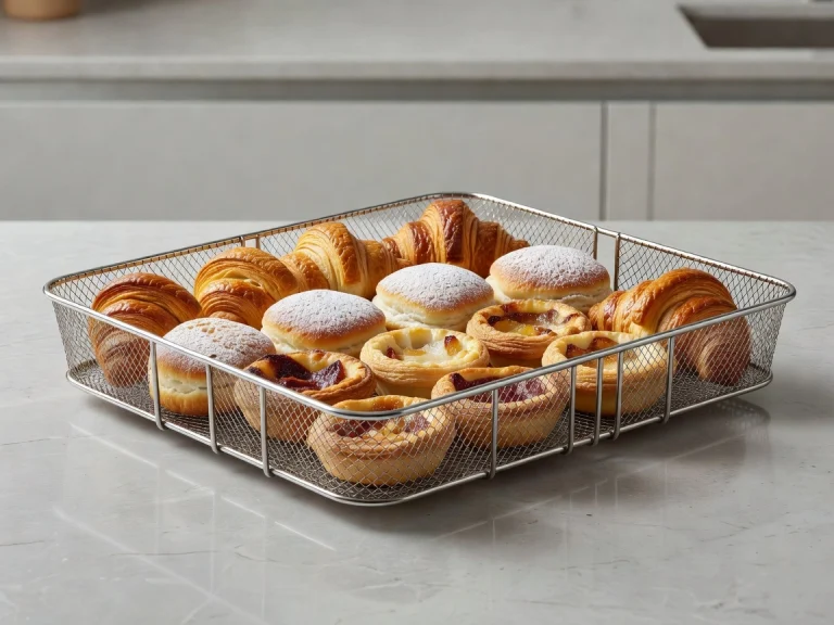 Air fryer basket with pastries arranged in a single layer