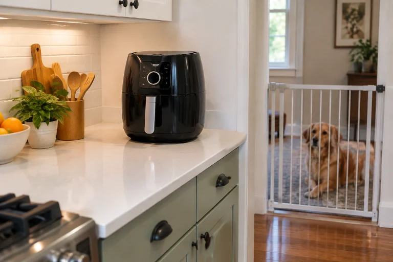 Pet-safe kitchen with an air fryer placed out of reach of animals