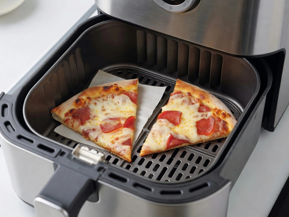 Two leftover pizza slices in an air fryer, one on parchment and one directly on the basket
