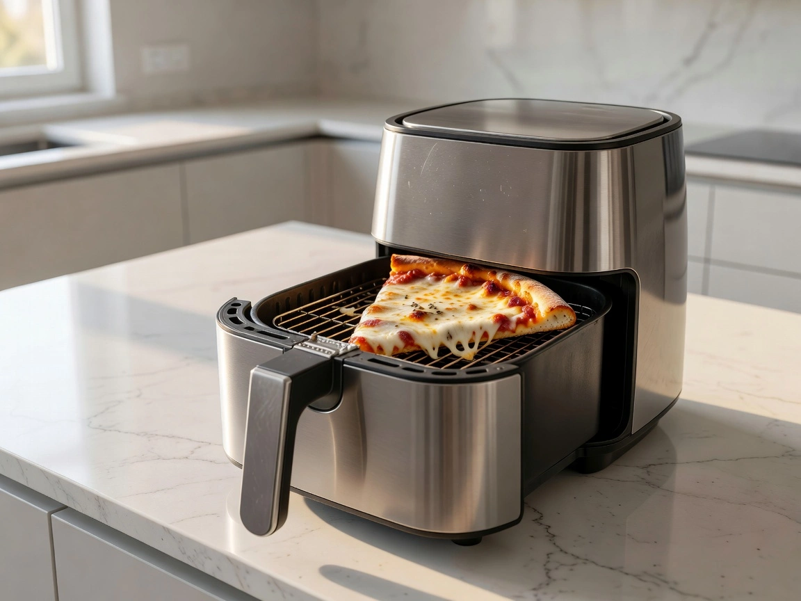 A pizza slice placed flat in an air fryer basket for reheating