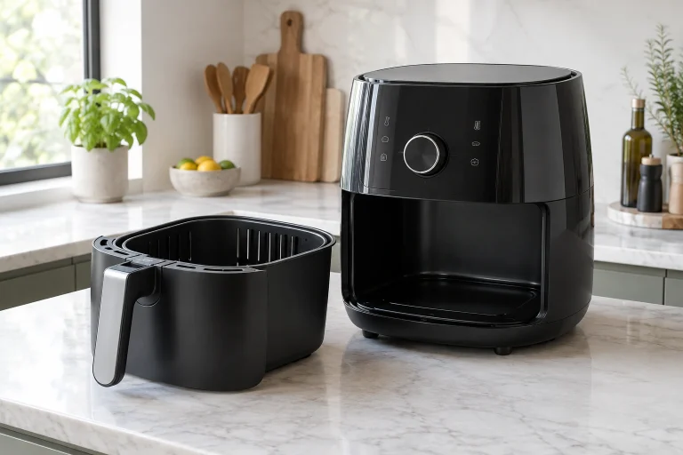 New air fryer on a countertop with basket removed