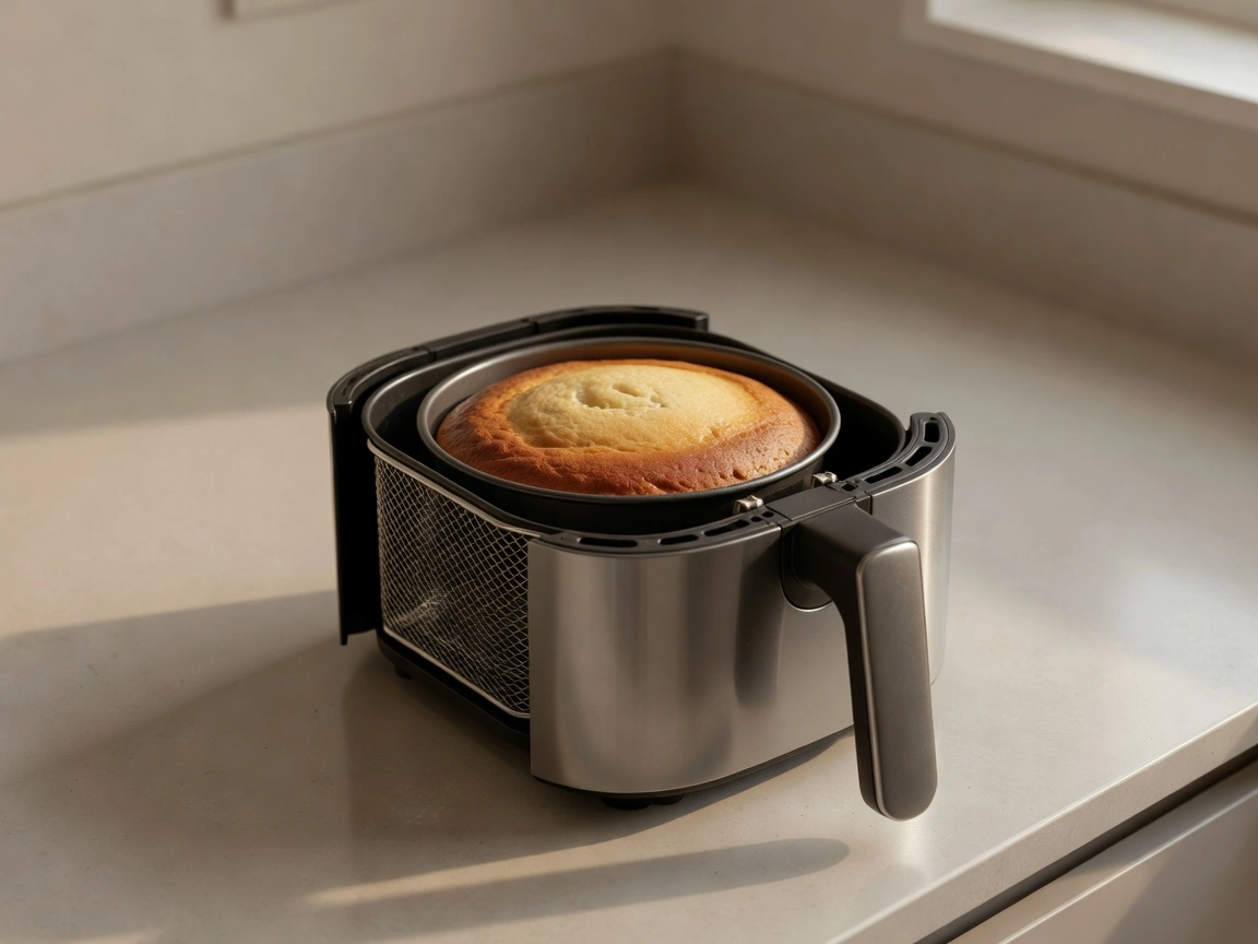 Air fryer basket with a small baking pan ready for baking
