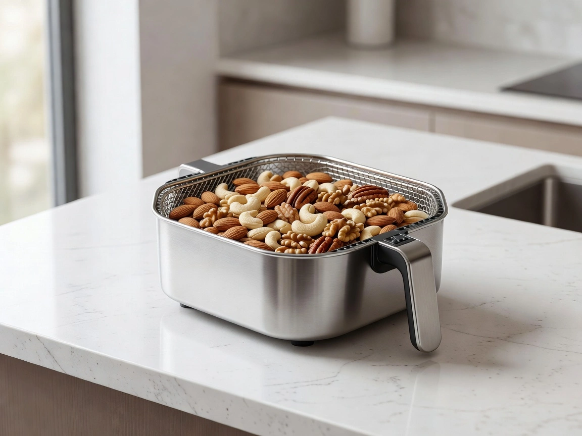 Air fryer basket with raw nuts arranged in a single layer