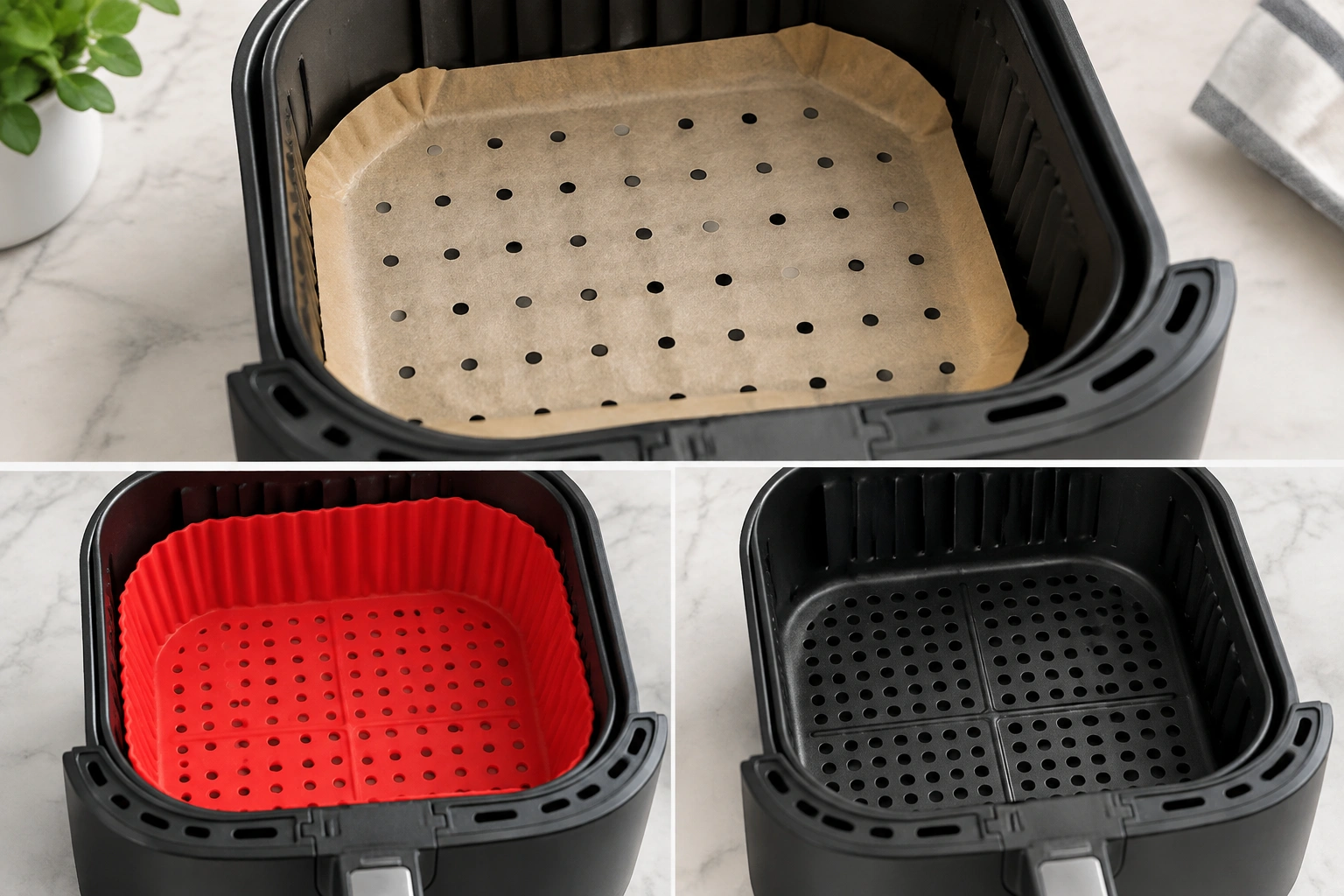 Safe air fryer liner alternatives including parchment paper and silicone liner
