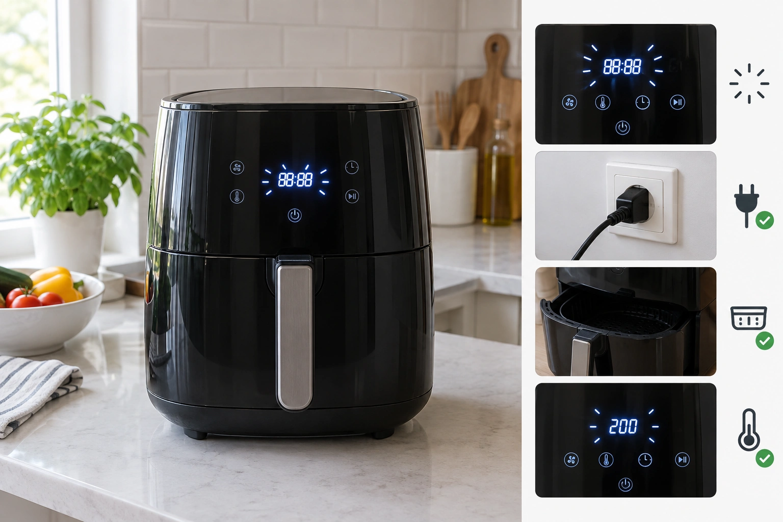 Digital air fryer display blinking briefly during startup