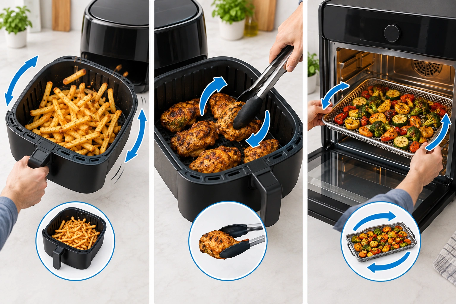 Comparison of shaking flipping and rotating food in an air fryer