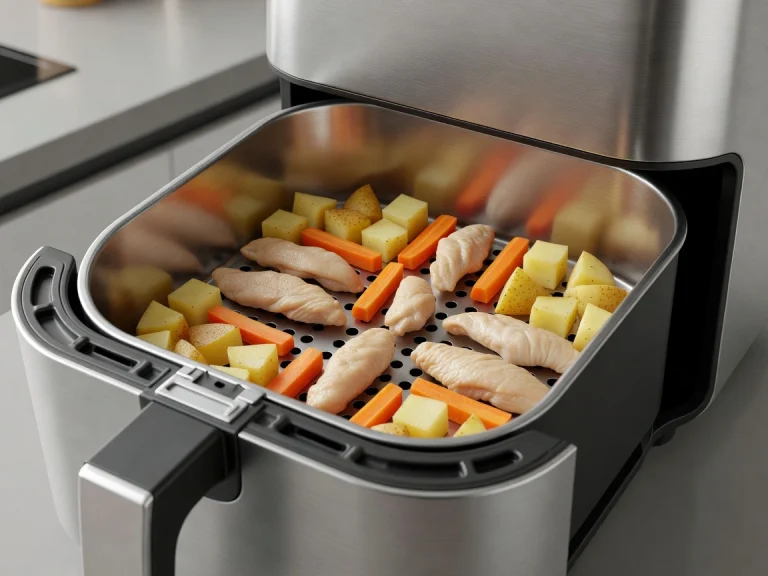 Air fryer basket with food arranged in a single layer for even cooking