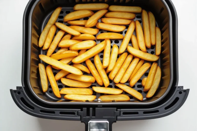 Air fryer basket with food arranged in a single layer