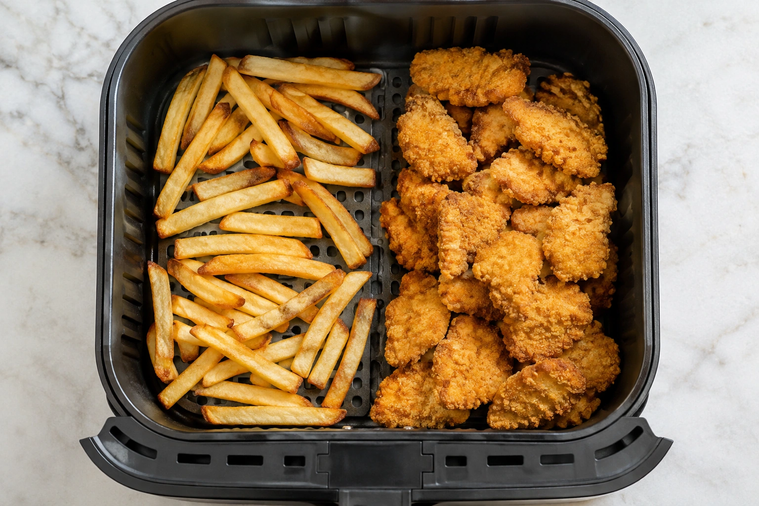 Air fryer basket with food spaced in a single layer