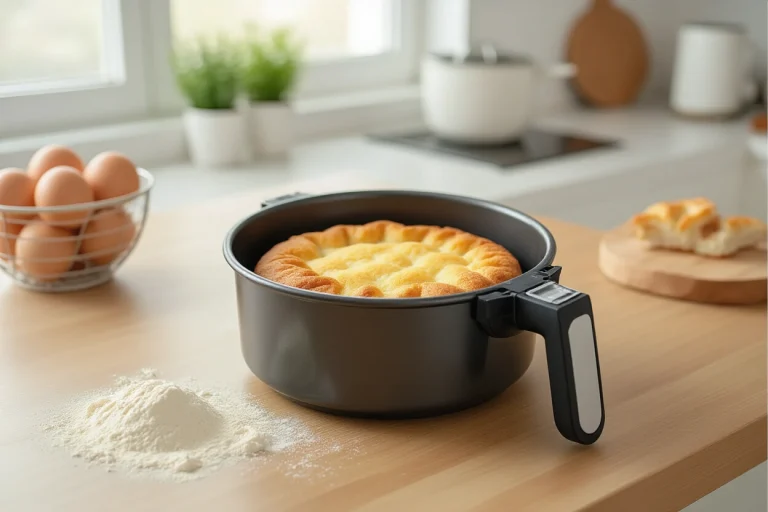 Small round cake pan inside an air fryer basket