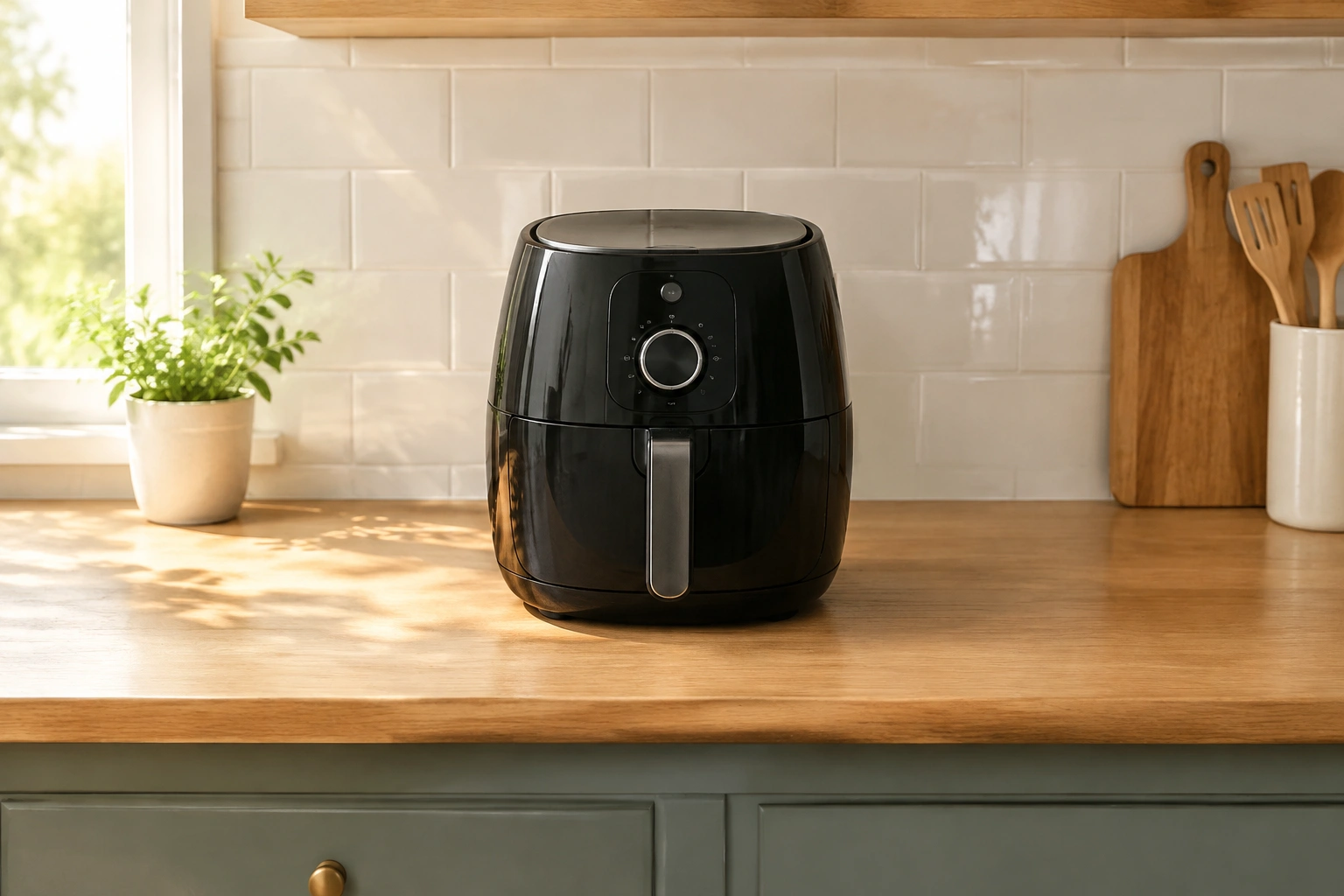 Compact air fryer on a small kitchen counter with open space around it