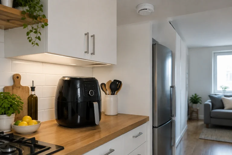 Air fryer on a counter in a small kitchen near a smoke detector