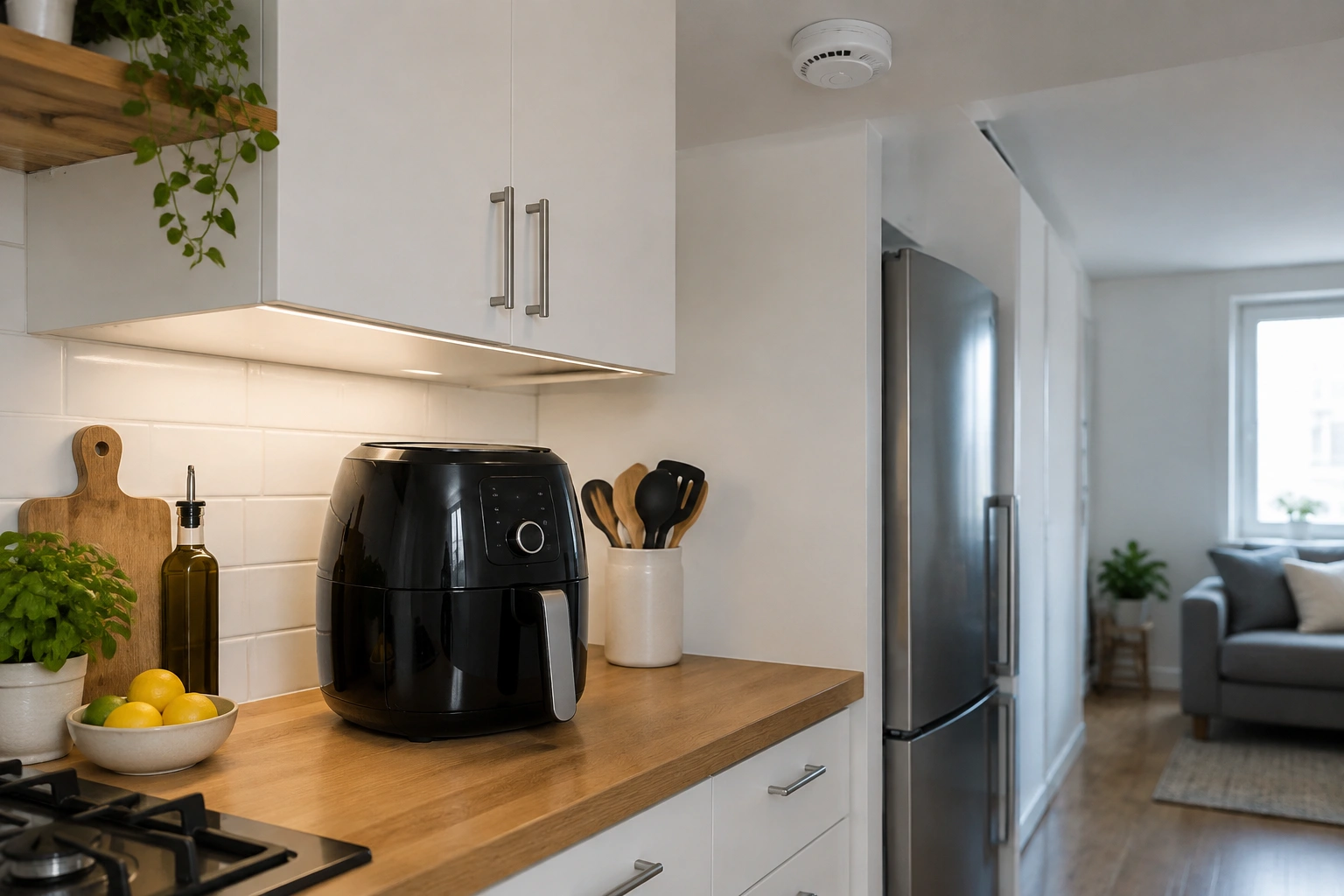 Air fryer on a counter in a small kitchen near a smoke detector