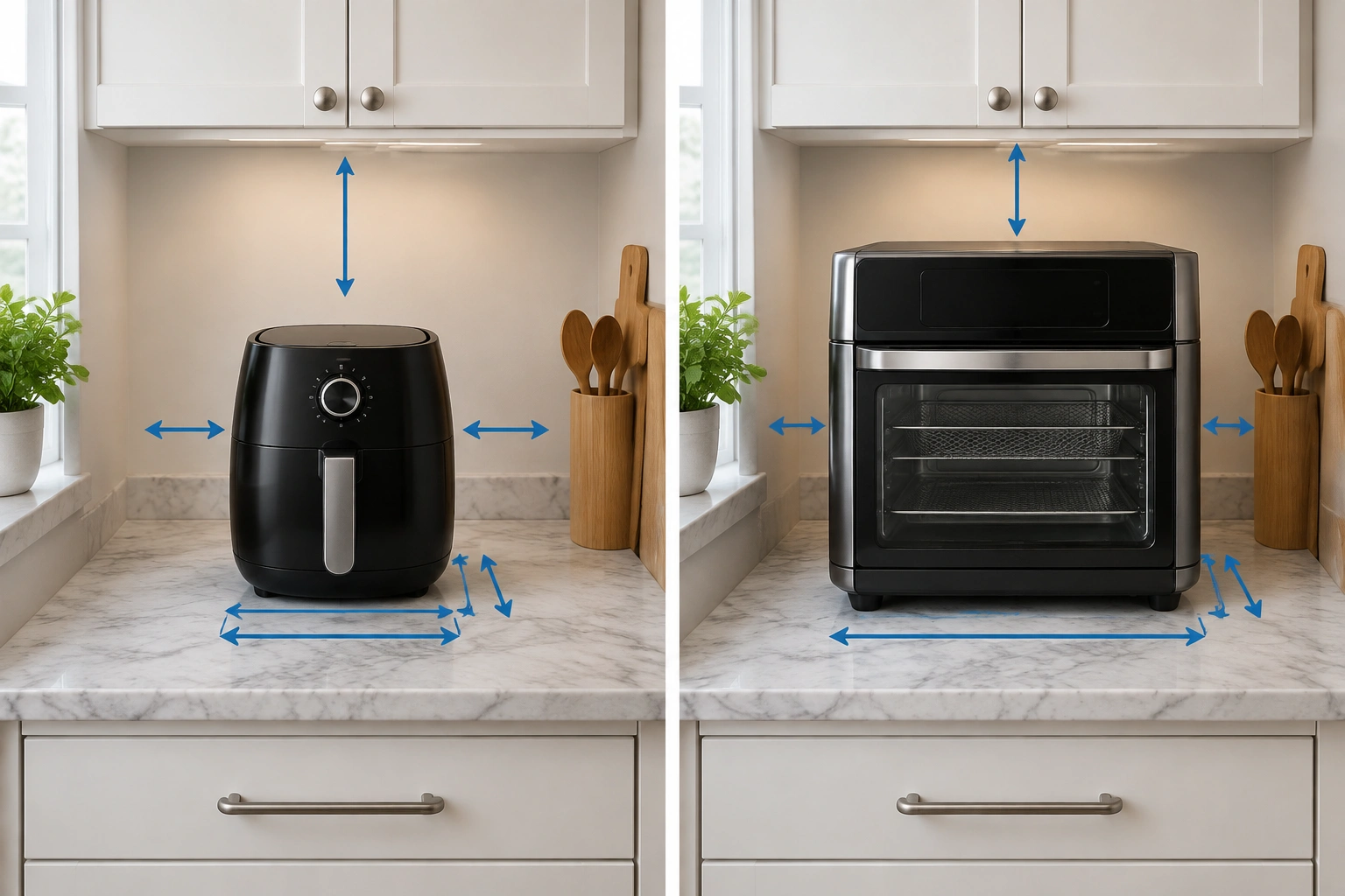 Basket-style air fryer compared with oven-style air fryer on a small counter
