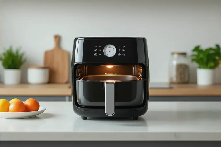 Oven thermometer placed in an air fryer basket for temperature testing