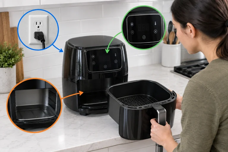 Air fryer timer troubleshooting checklist with power, basket, and control panel checks