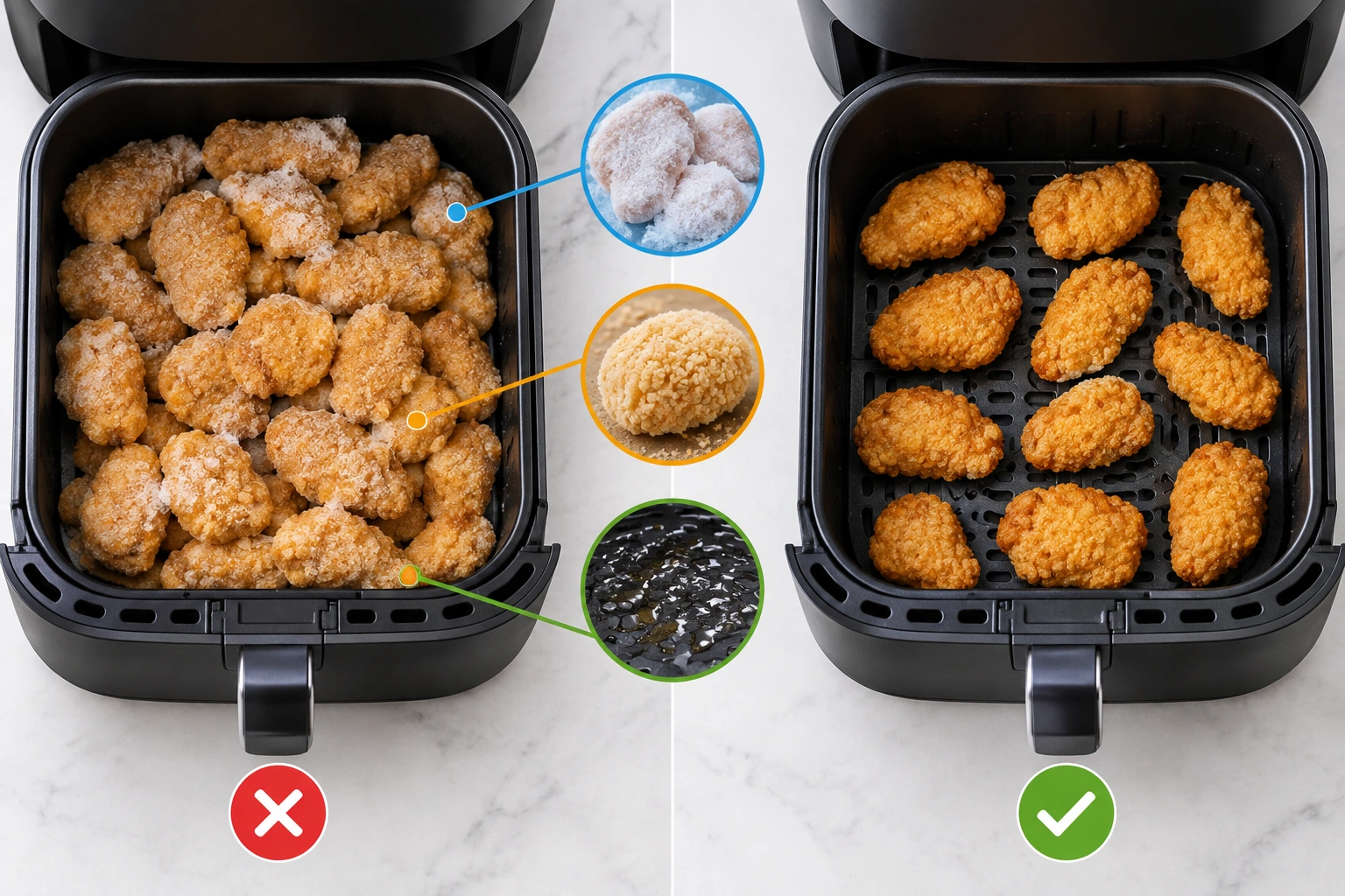 Comparison of crowded versus properly spaced air fryer food