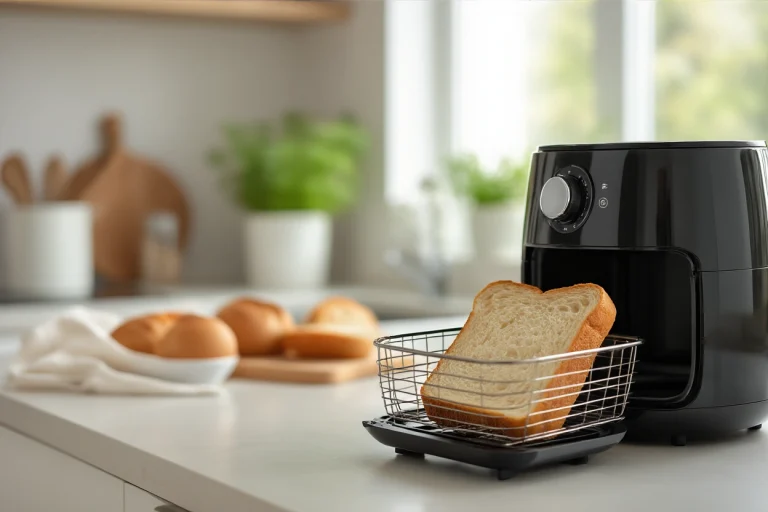 Bread slice toasting in an air fryer basket
