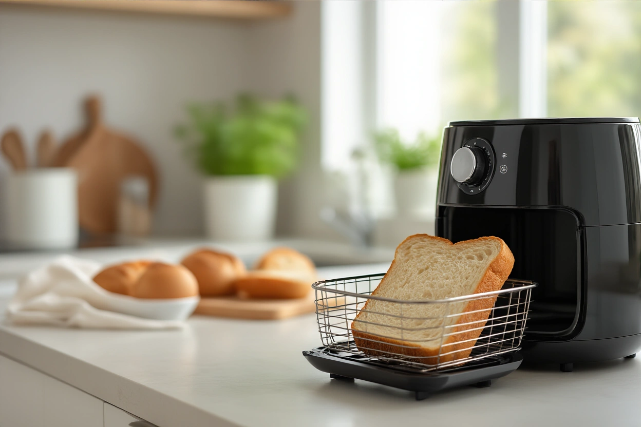 Bread slice toasting in an air fryer basket