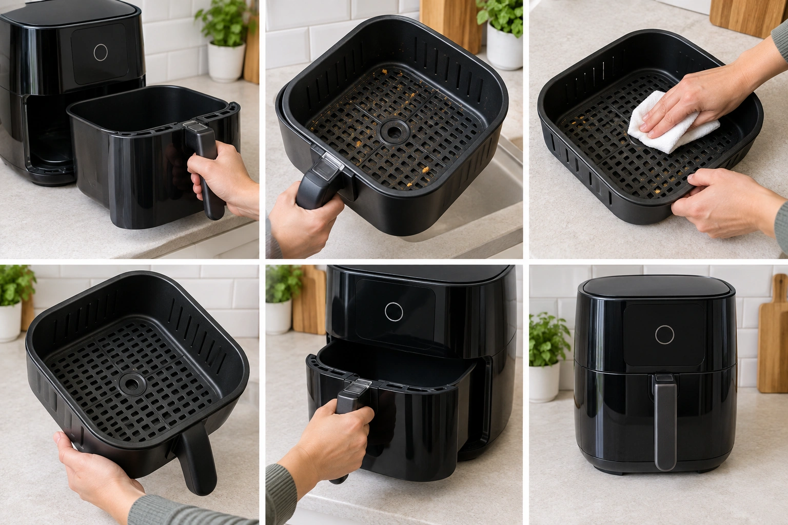 Hands cleaning and reseating an air fryer basket during troubleshooting